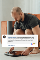 Man using a fitness tool with a comment overlay on a light-colored floor.