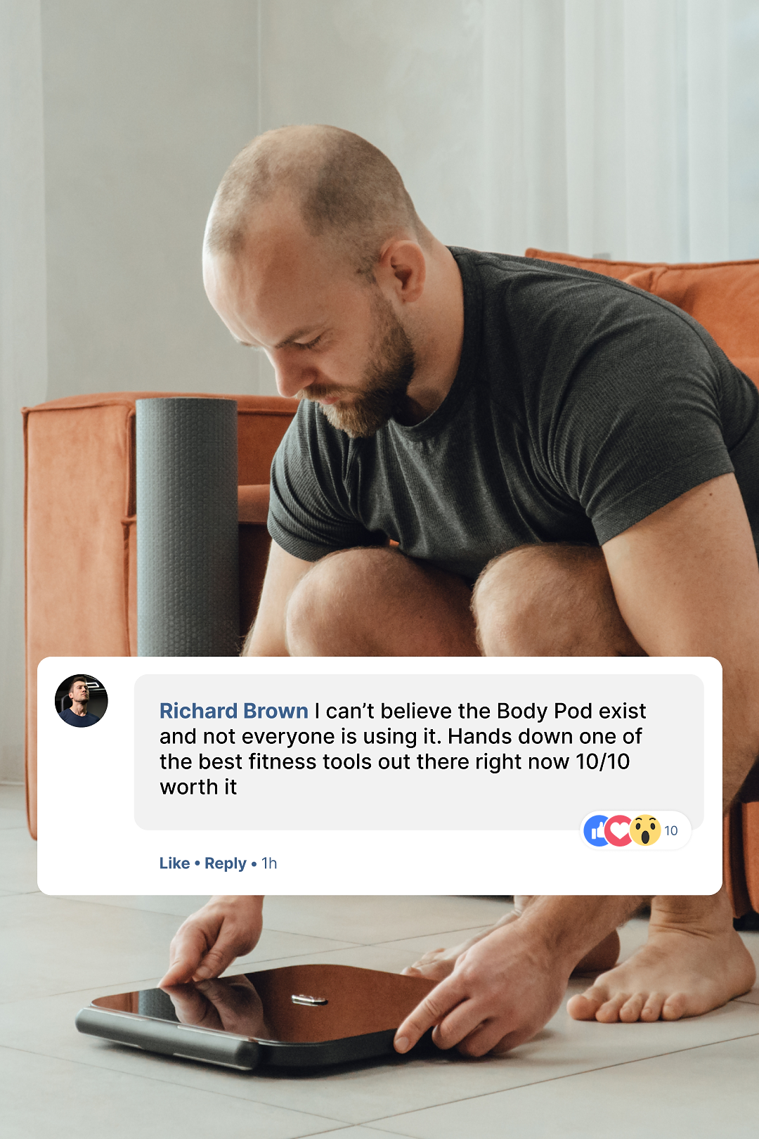 Man using a fitness tool with a comment overlay on a light-colored floor.