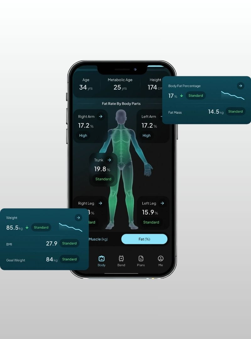 Hume phone app displaying a 3D human body model with health metrics on a light gray background