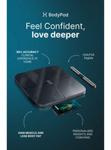 Body measurement device with smartphone app on a blue background, featuring text about accuracy and features.