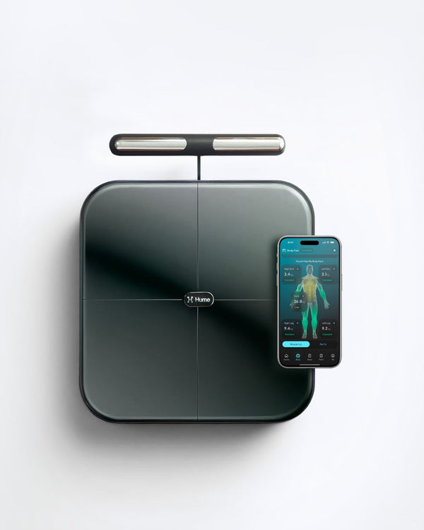 Smart weight scale with smartphone app on a white background